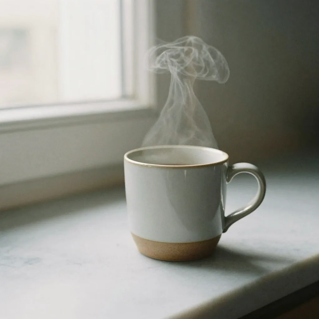 A ceramic coffee mug on a clean marble surface with a single soft window light and a wisp of steam rising, minimalist pr