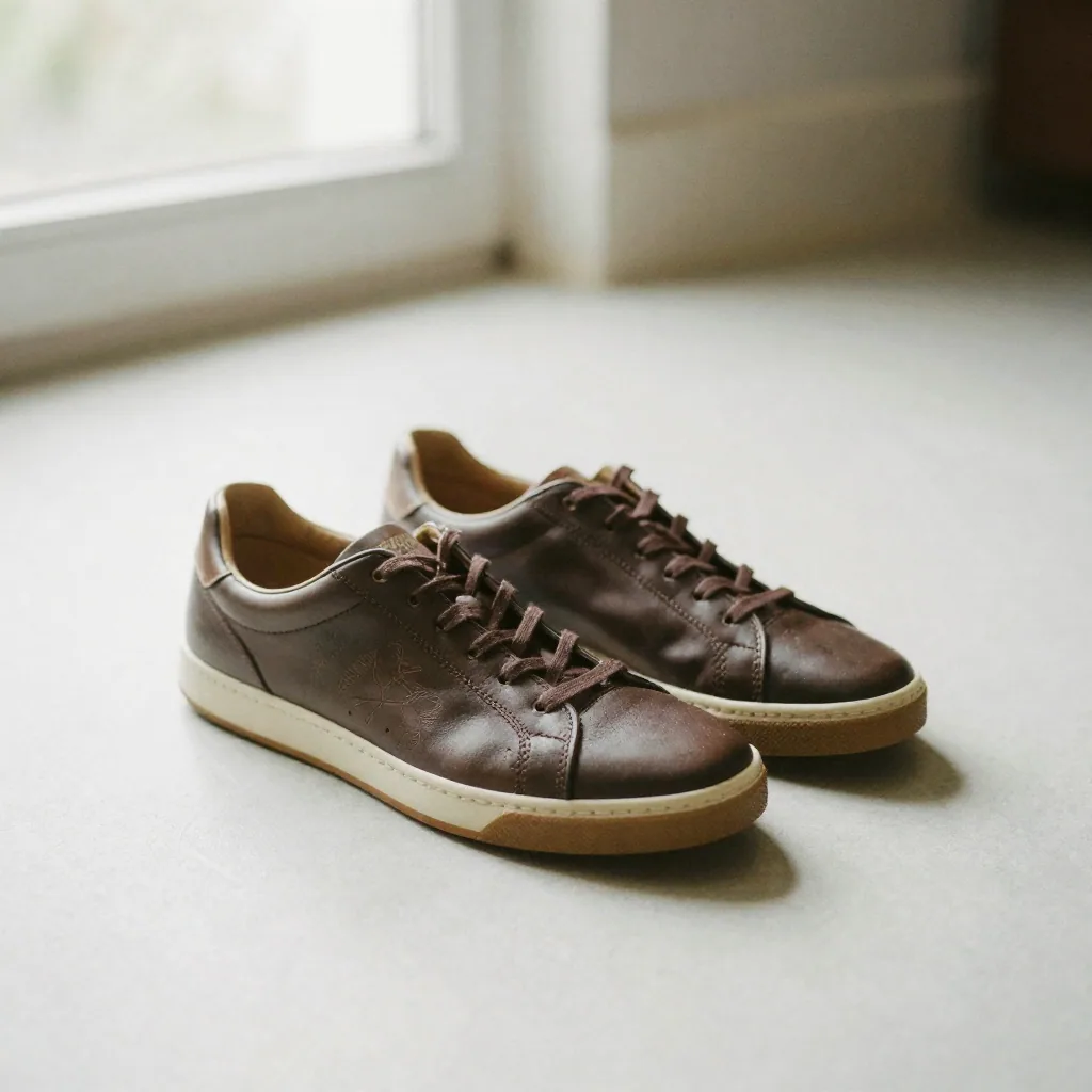 A pair of leather sneakers arranged on a bright seamless backdrop under a softbox, subtle shadow beneath, crisp e-commer