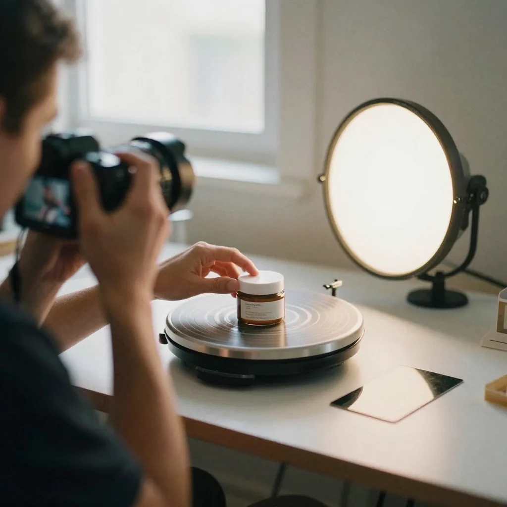 A photographer's hands positioning a small skincare jar on a rotating turntable under studio lights, reflector card near