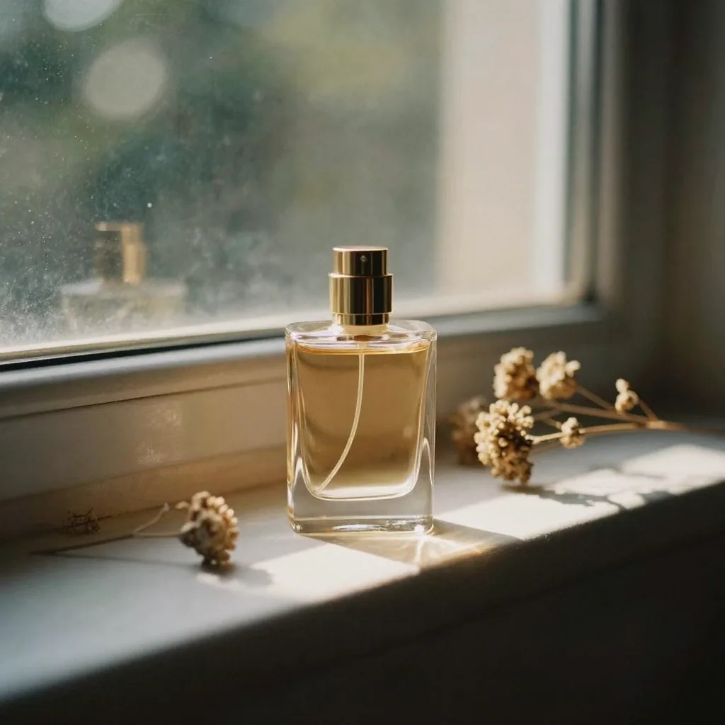 A glass perfume bottle catching a shaft of golden afternoon light on a windowsill beside dried flowers, elegant lifestyl