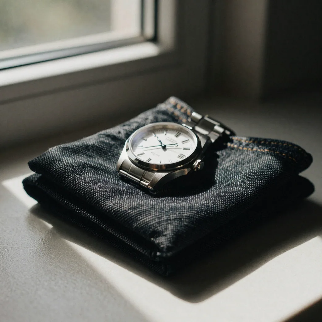 A wristwatch resting on folded dark denim under directional studio light, metallic case gleaming, dramatic single-source
