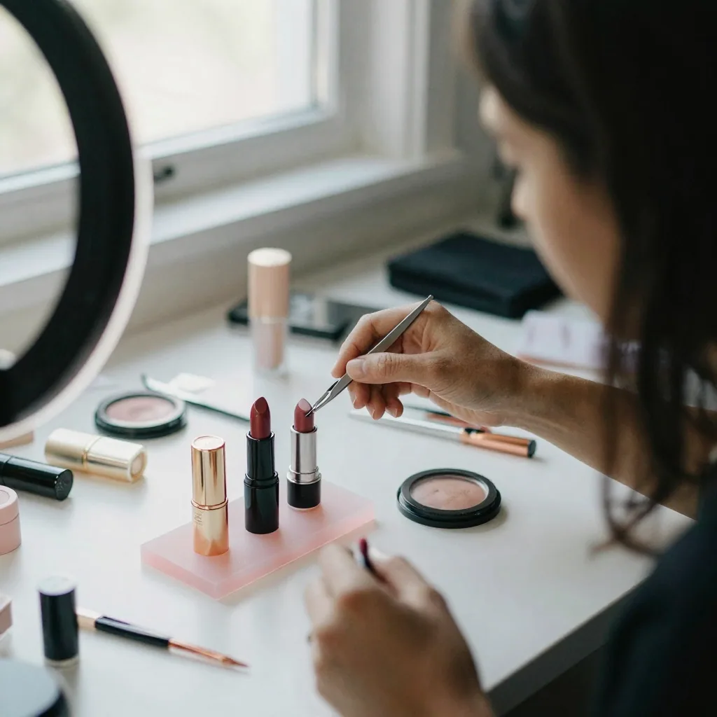 A cosmetics stylist arranging a lipstick and compact on a pink acrylic riser under soft ring light, tweezers in hand, ti