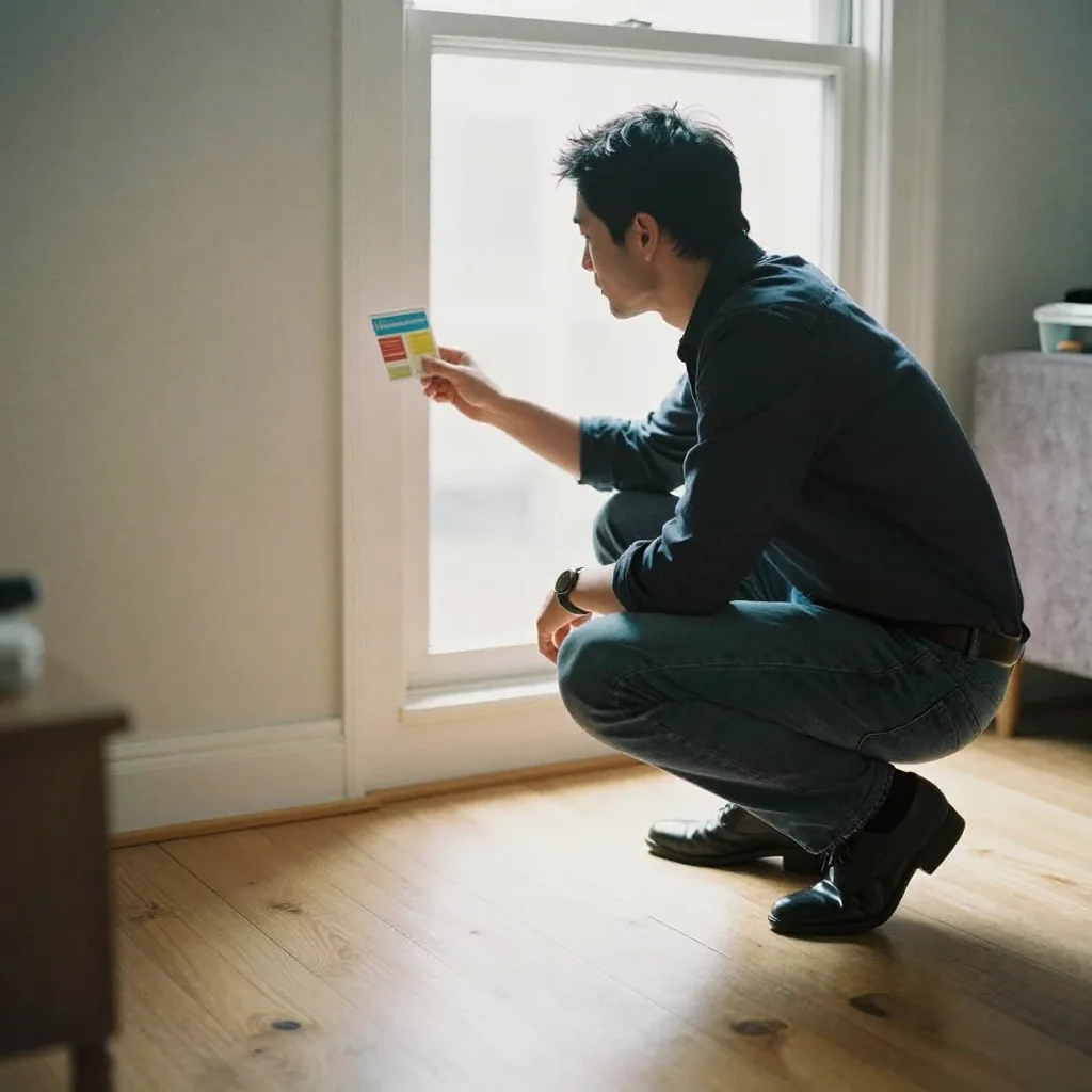 A real estate agent crouching in a sunlit living room, holding a small color card up beside a bright window to check the