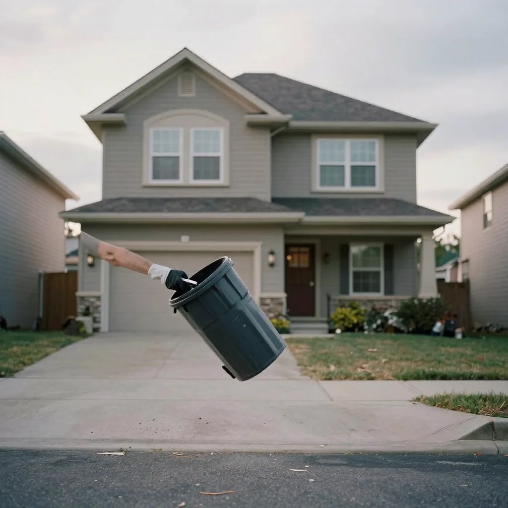 A gloved hand lifting a stray trash can out of frame at the end of a suburban driveway, the freshly detailed house facad
