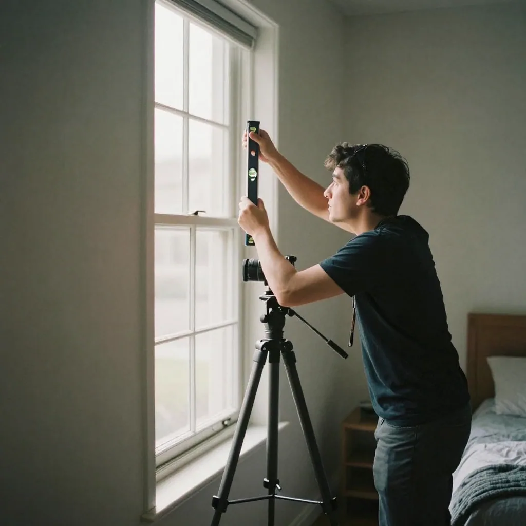 A photographer leveling a tripod-mounted camera in an empty staged bedroom, using a small bubble level to straighten the