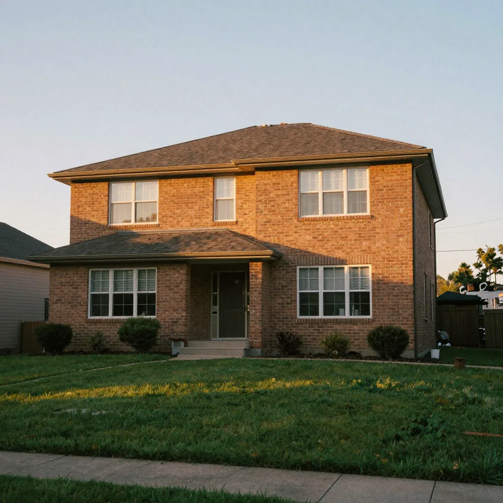 Golden-hour exterior of a two-story house with a clean green lawn, the low sun raking warm light across the brick and a 