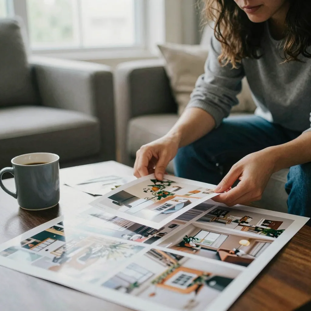 A woman on a sofa reviewing a small printed contact sheet of glossy interior property photos spread across a coffee tabl