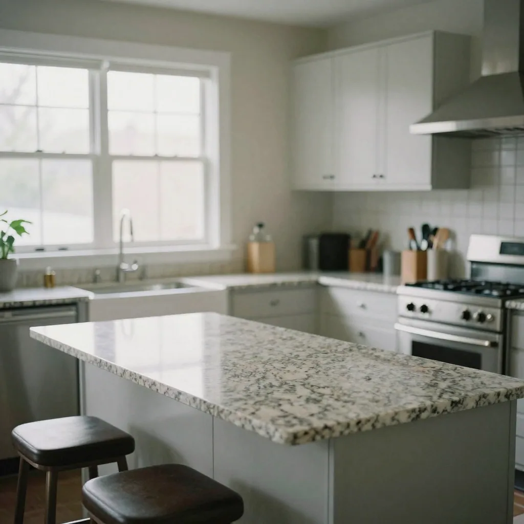 An open-concept kitchen bathed in even soft light, granite counters wiped clean, bar stools tucked in, staged for a brig