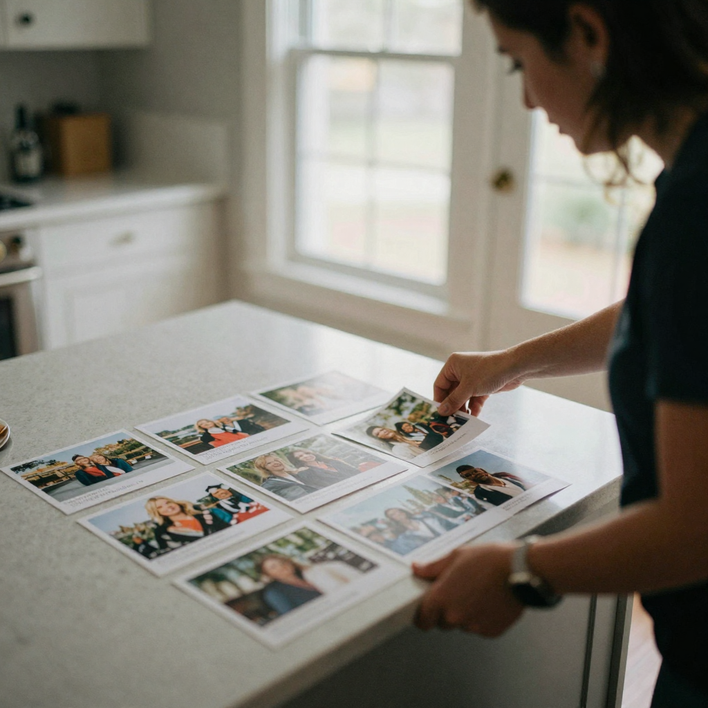A real estate agent fanning nine printed listing photos across a kitchen island, arranging them into a walkthrough order