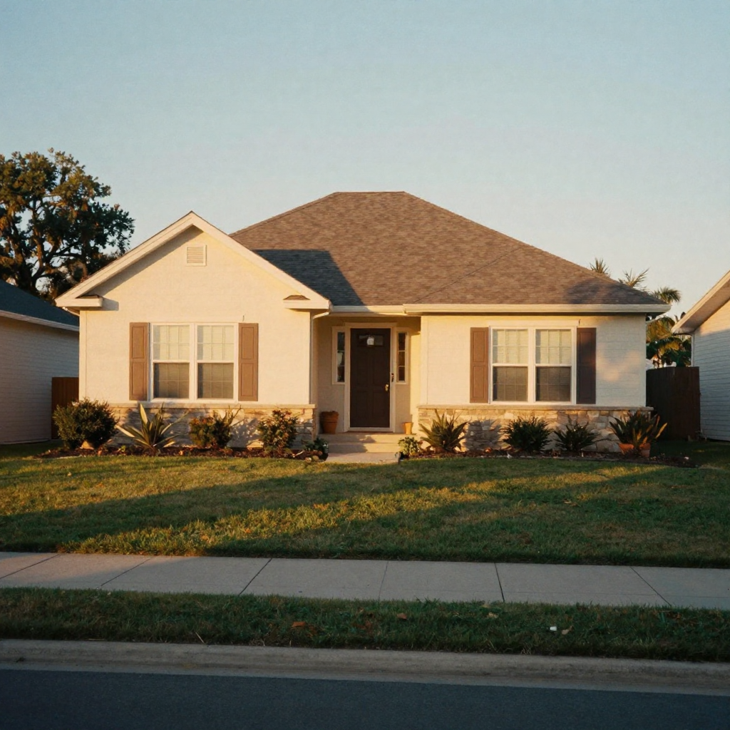 A sweeping golden-hour exterior of a suburban home with warm light glowing off the facade and long shadows across a mani