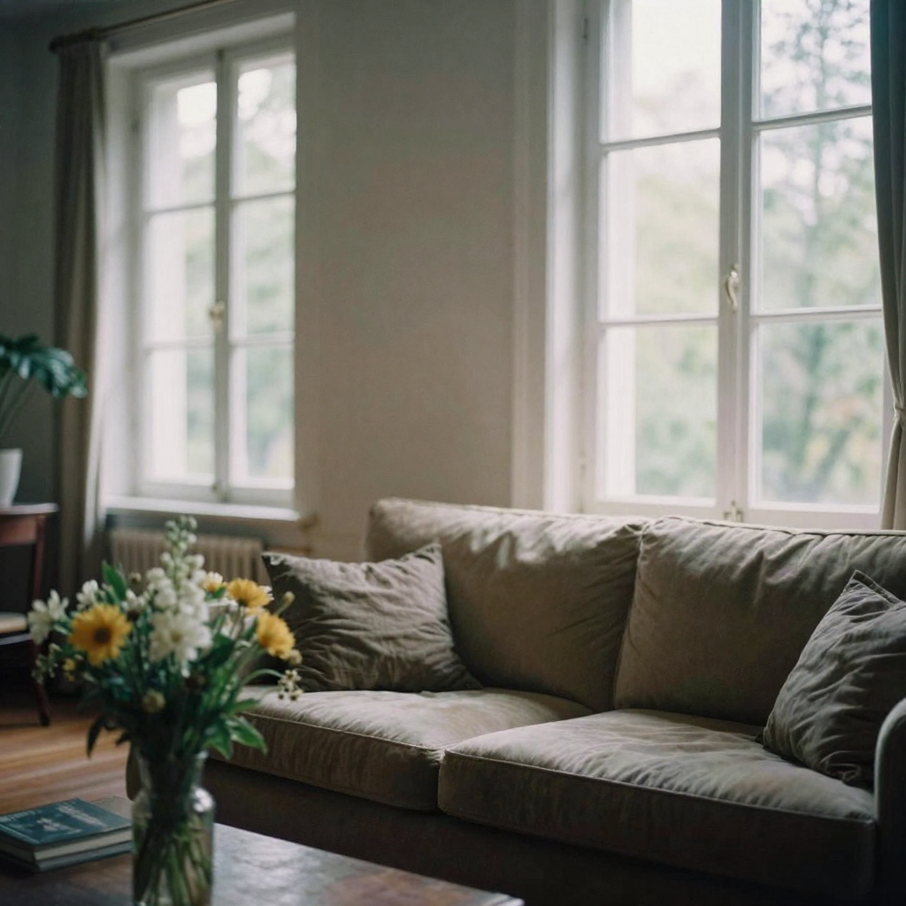 A slow interior view of a staged living room with sunlight streaming through tall windows onto a plush sofa and fresh fl