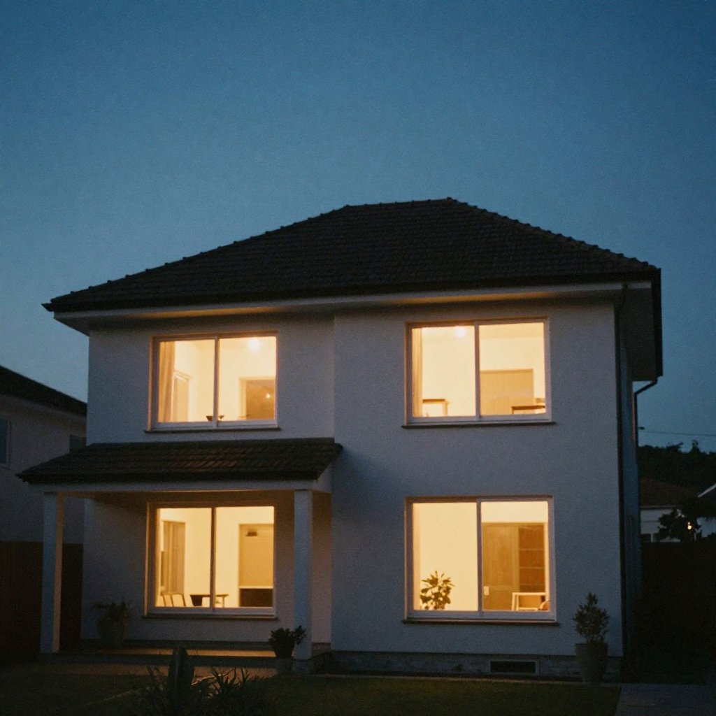 A twilight shot of a modern house with warm lamplight glowing through every window, deep blue dusk sky above the rooflin