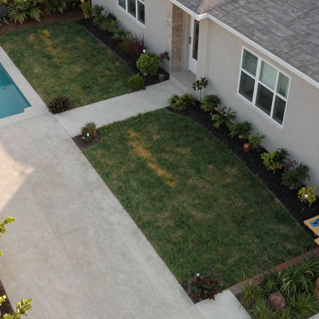 An aerial-style view of a property and its landscaped yard from above, driveway and pool visible, crisp afternoon light