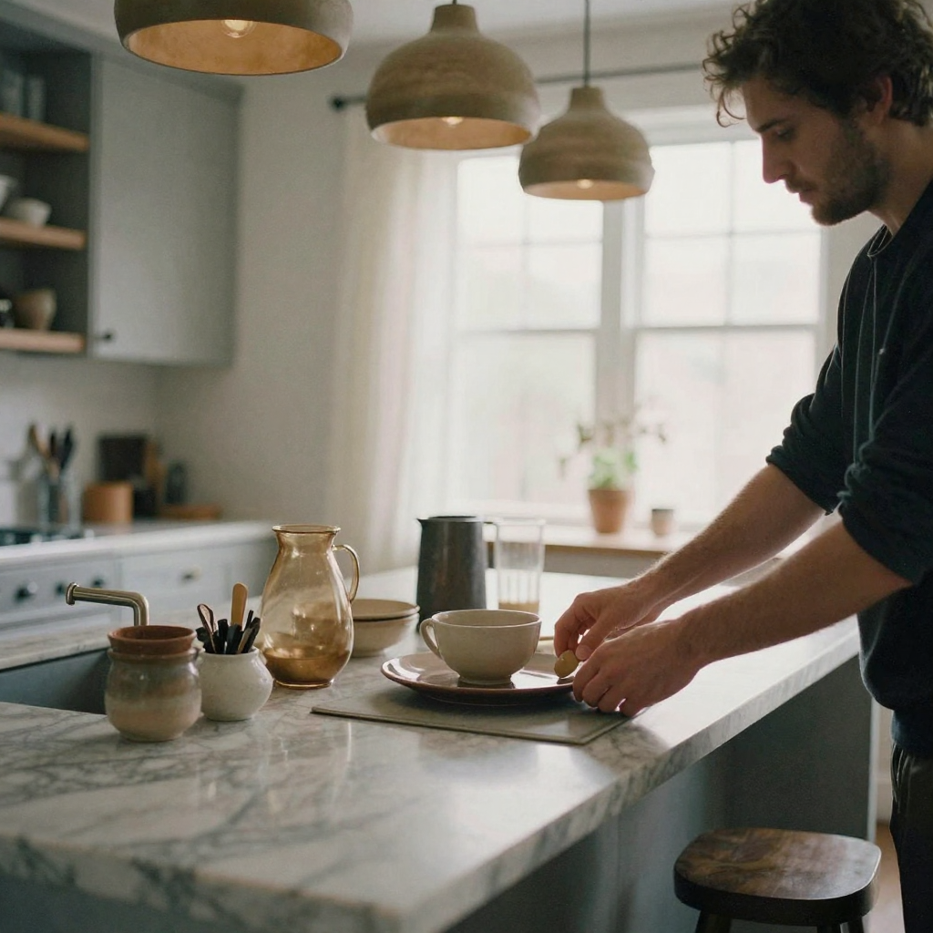 An agent's hands arranging staged décor on a marble kitchen counter before capturing the room, warm pendant lighting, hi