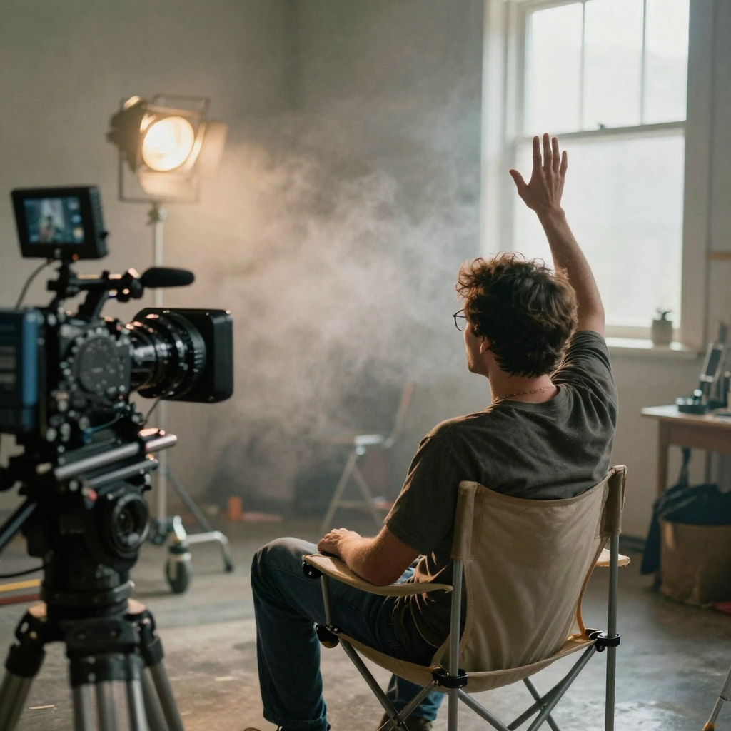 A film director in a canvas chair on a small set raising one hand to signal action, warm key lights and a fog machine ha