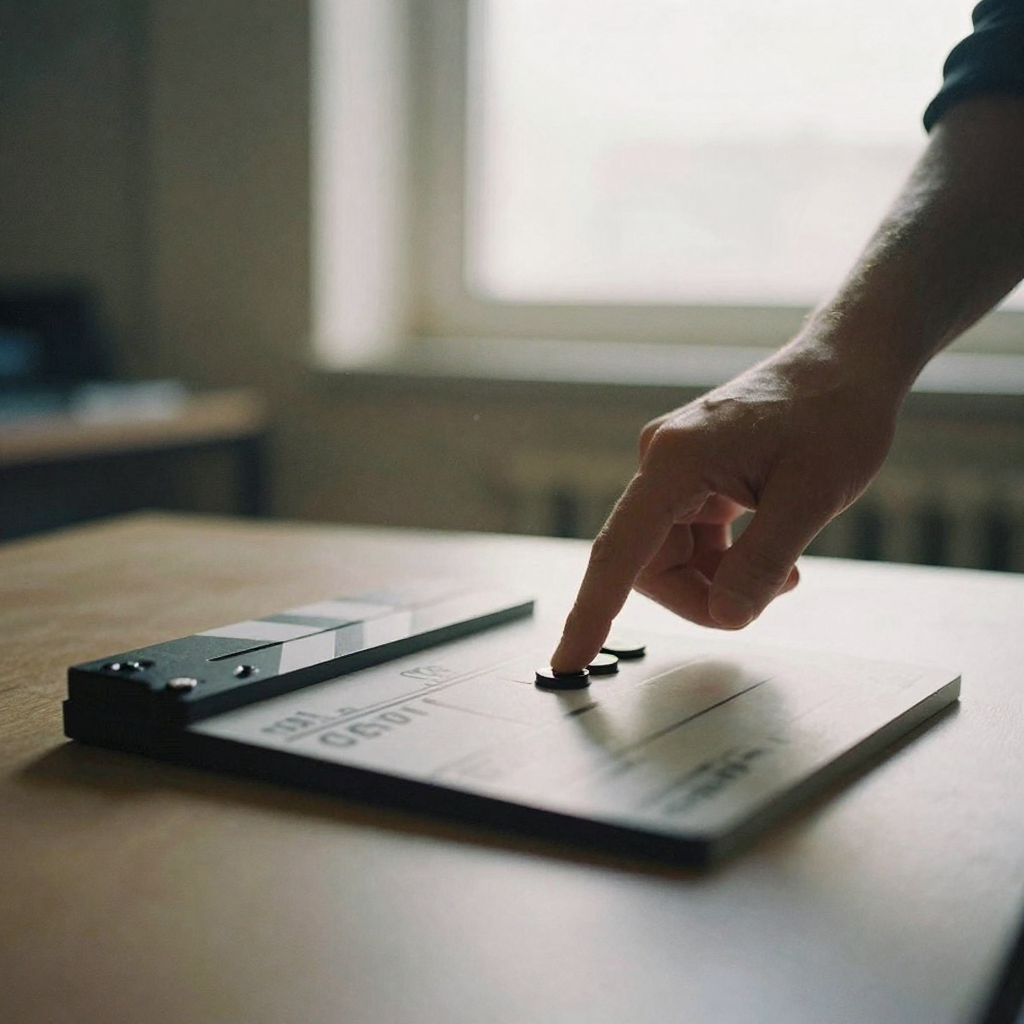 Close-up of a director's hand pressing a single button on a compact clapperboard-shaped device on a table, warm spotligh