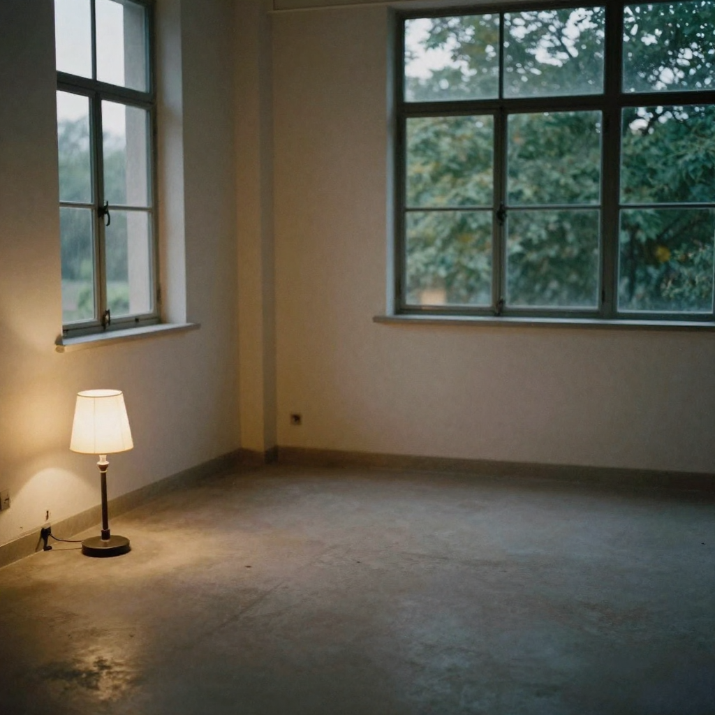 An empty cinematic set arranged in three lit zones — a lamp-lit corner, a window-light spot, and a spotlighted mark — su