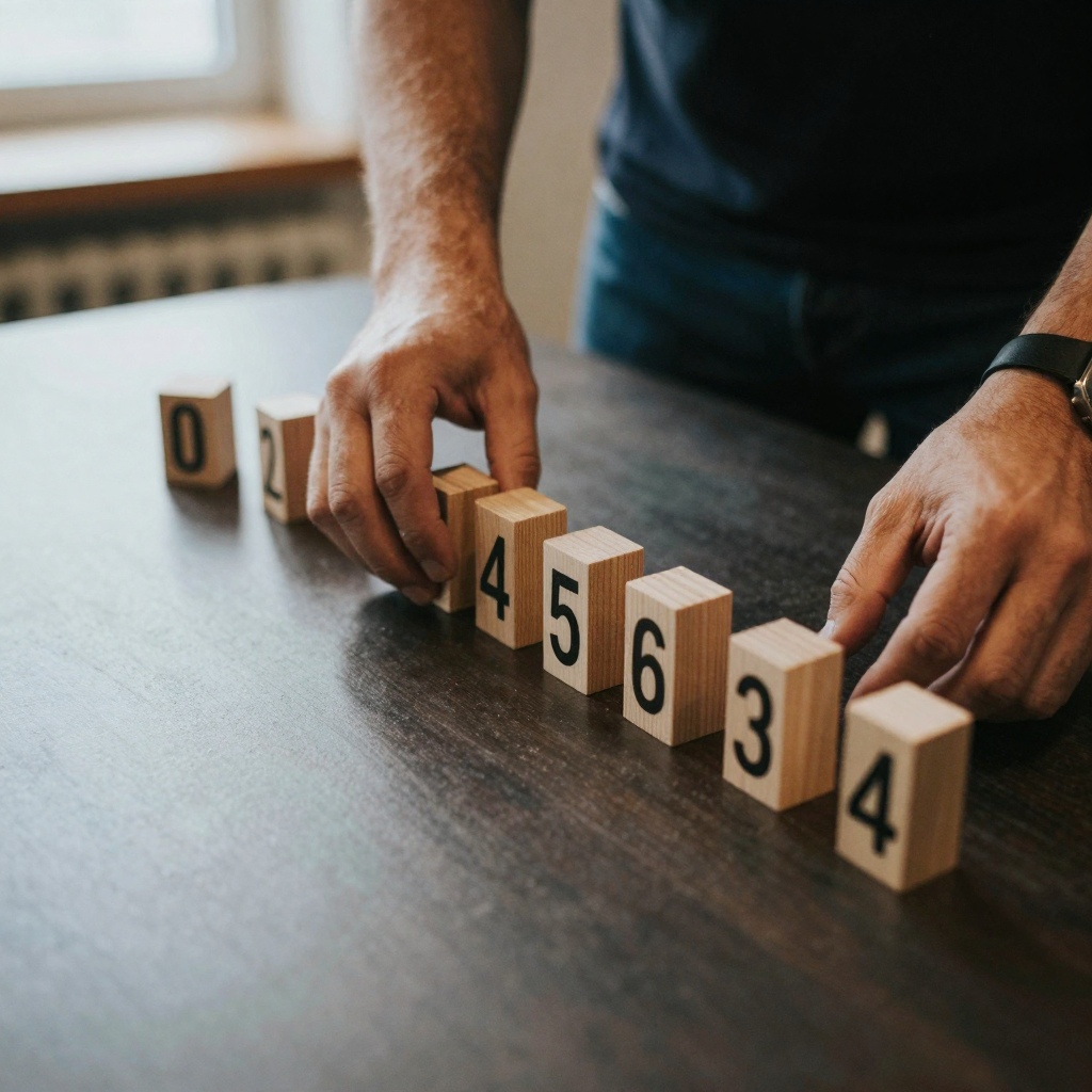 Overhead of a director's hands arranging small numbered wooden blocks in a row on a dark table like a shot sequence, war