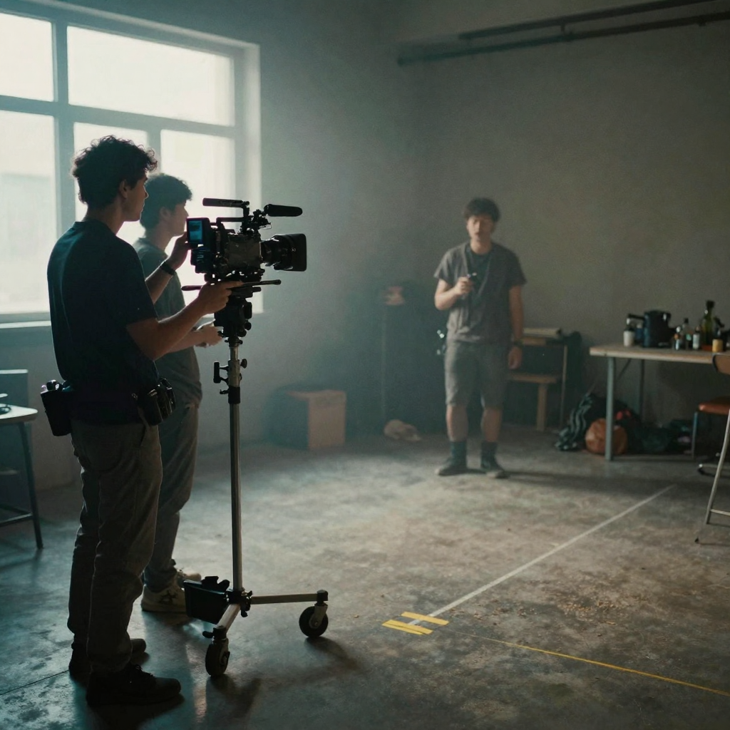 A gaffer and camera operator on a compact indoor set adjusting lights and a dolly toward a single marked spot, moody tea