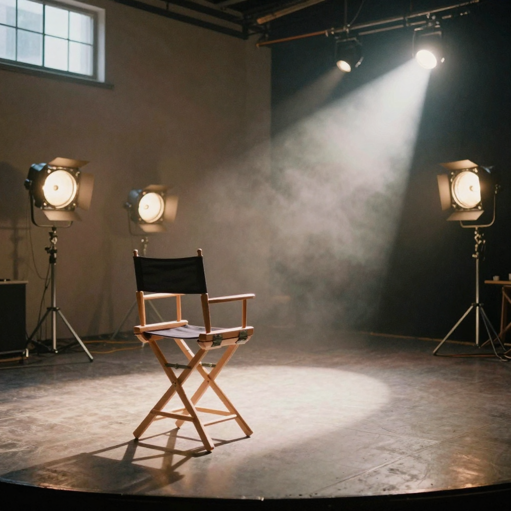 A single director's chair facing a wall of warm and cool studio lamps at night, one bright spotlight cutting through dri