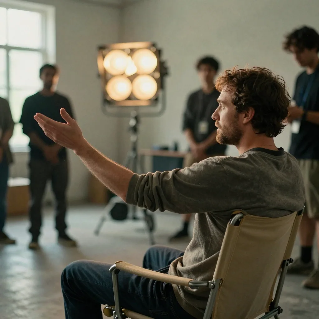 A film director in a canvas chair on set gesturing with an outstretched hand to frame a shot, warm tungsten set lights glowing behind, crew