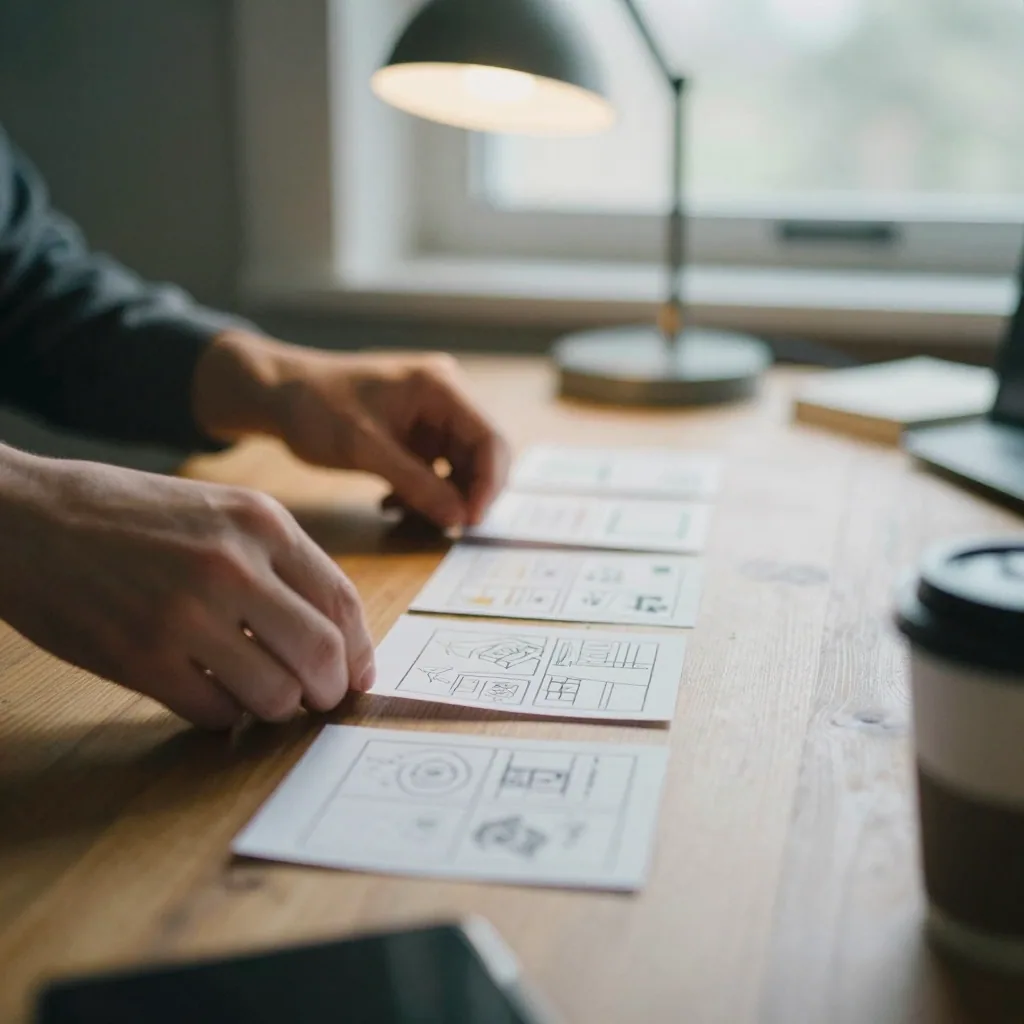 Close-up of hands arranging small paper storyboard sketch cards in a row on a wooden table, soft desk lamp, focused creative moment
