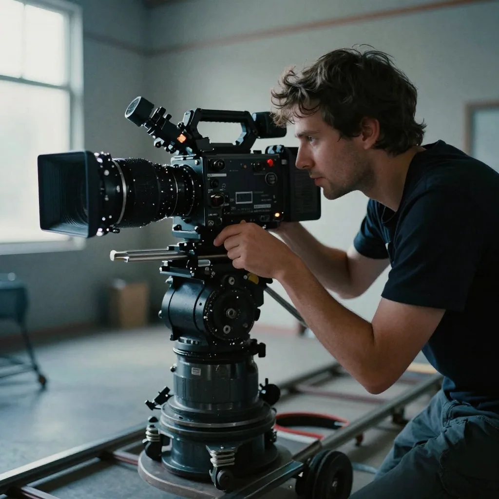 A cinematographer peering through a professional cinema camera on a dolly track, hand on the focus wheel, moody blue soundstage lighting