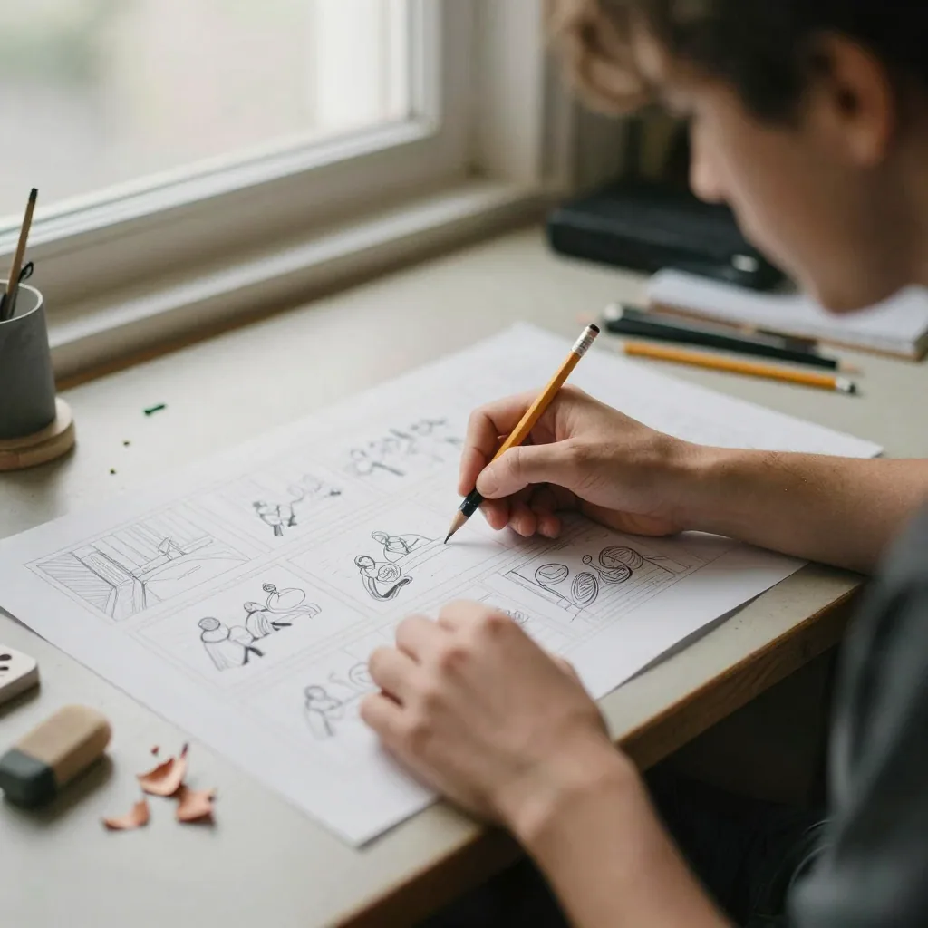 A storyboard artist at a drafting table sketching rough frames of a scene with a pencil, warm side light, eraser shavings scattered