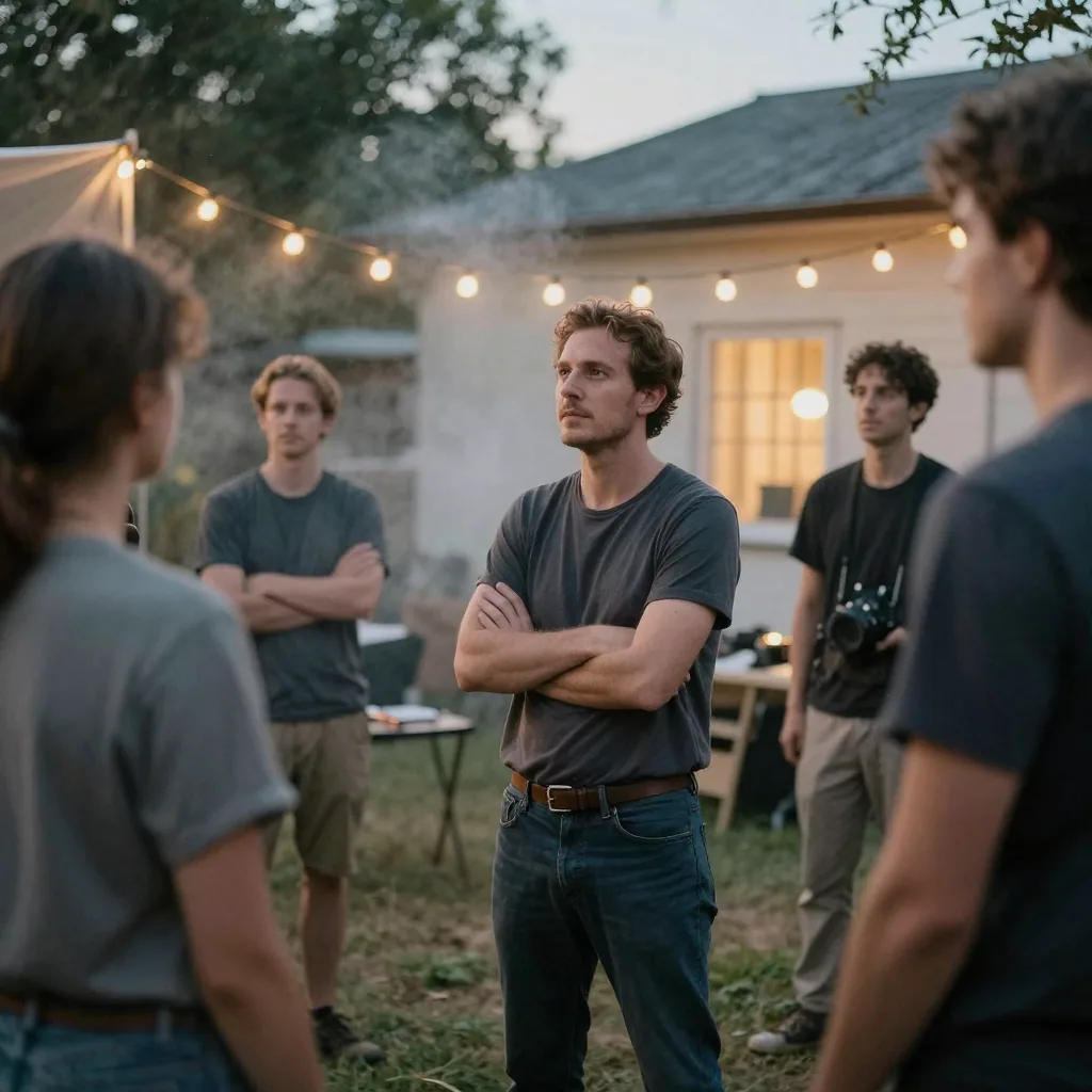 A director standing amid a lit outdoor film set at dusk, arms crossed, watching actors block a scene, string lights and haze in the air
