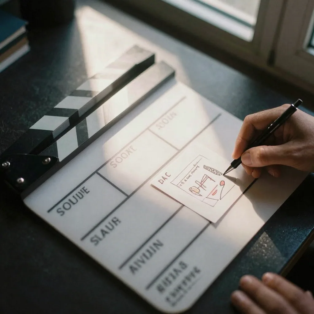 Overhead shot of hand-drawn shot-list index cards and a clapperboard laid out on a dark surface, dramatic single-source spotlight