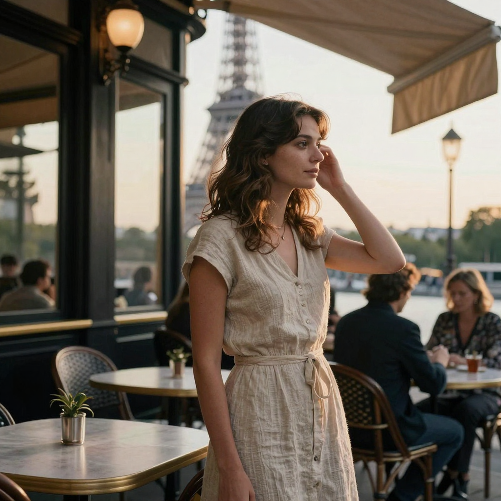 A woman in a linen dress standing at a Parisian café terrace with the Eiffel Tower rising softly behind at golden hour, 