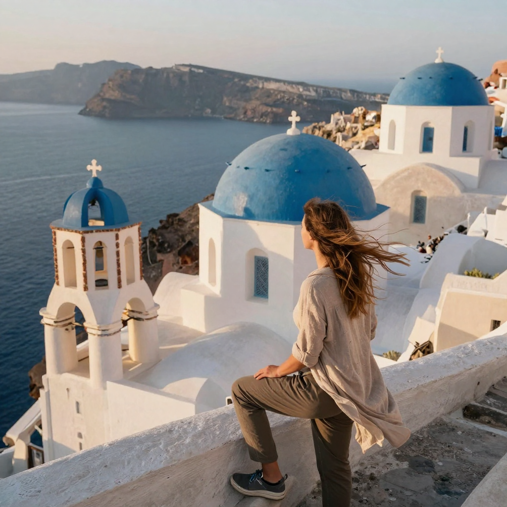 A traveler perched on white-washed Santorini steps at sunset, blue-domed church and caldera behind, wind lifting their h