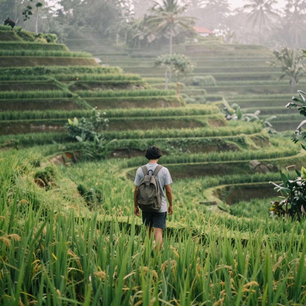 A person walking through Bali rice terraces in soft morning mist, lush green tiers cascading downhill, backpack slung ov