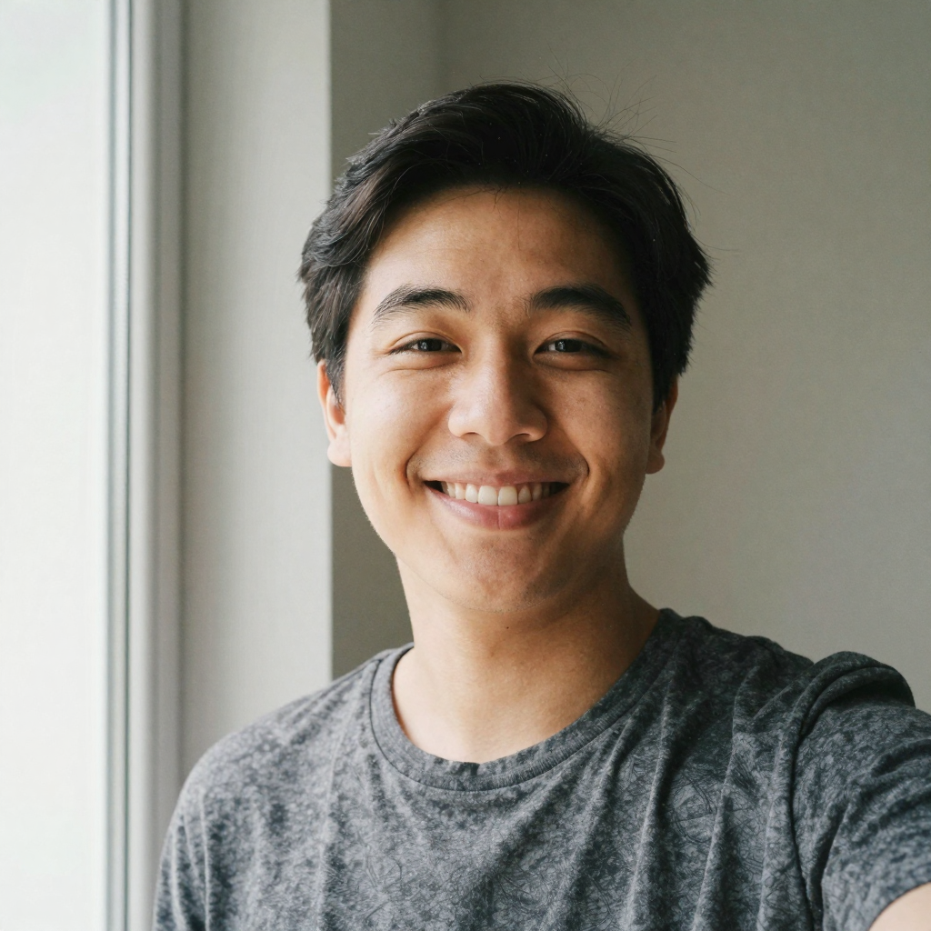 A well-lit reference selfie of a smiling person by a bright window, natural even light on the face, plain neutral wall b