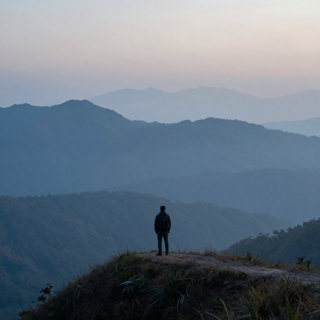 A lone figure standing at the edge of a misty mountain overlook at dawn, layered peaks fading into fog, cool blue light,
