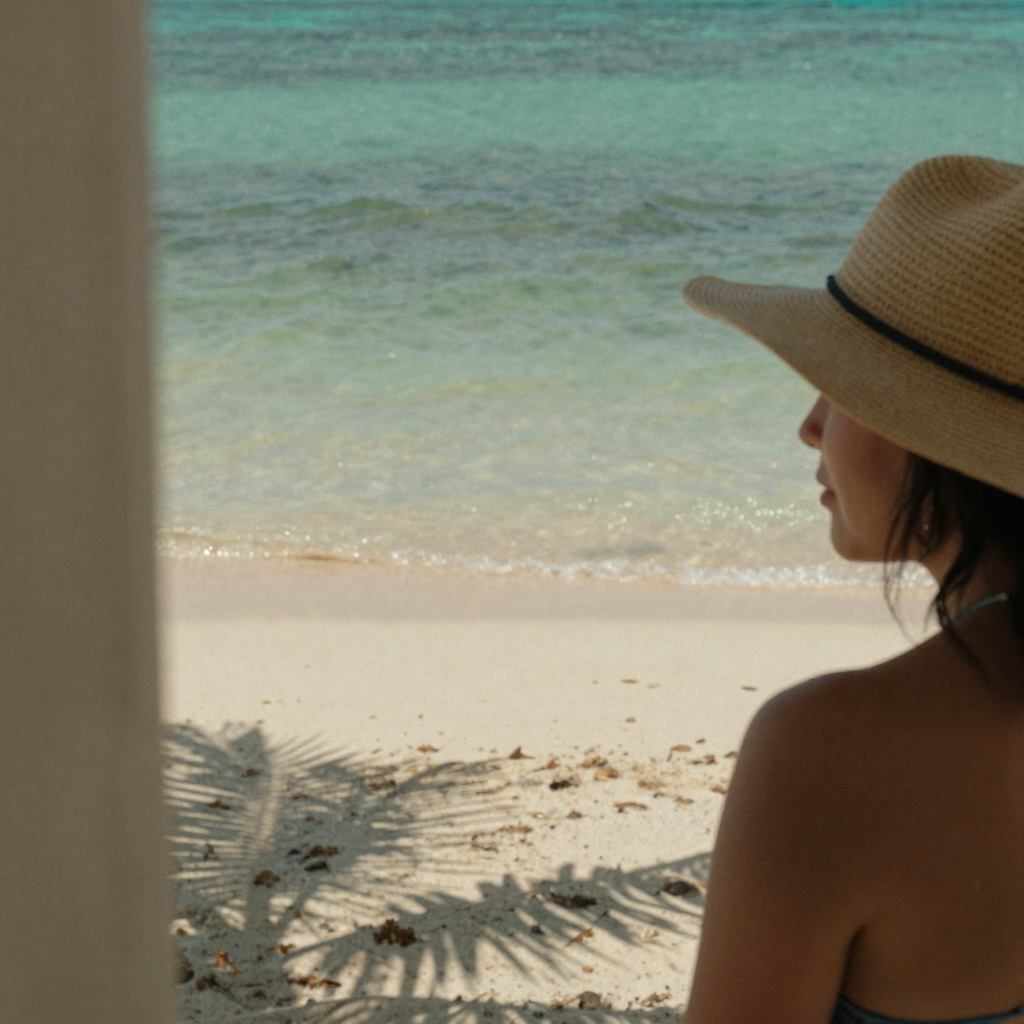 A woman in a sun hat on a quiet tropical beach at low tide, turquoise water and palm shadows on the sand, warm afternoon