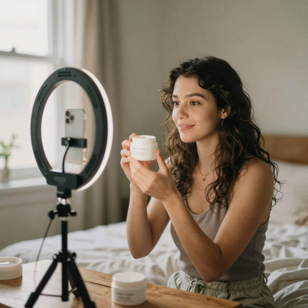 A young woman films herself holding a skincare jar toward a ring light in her bedroom, phone on a small tripod turned aw