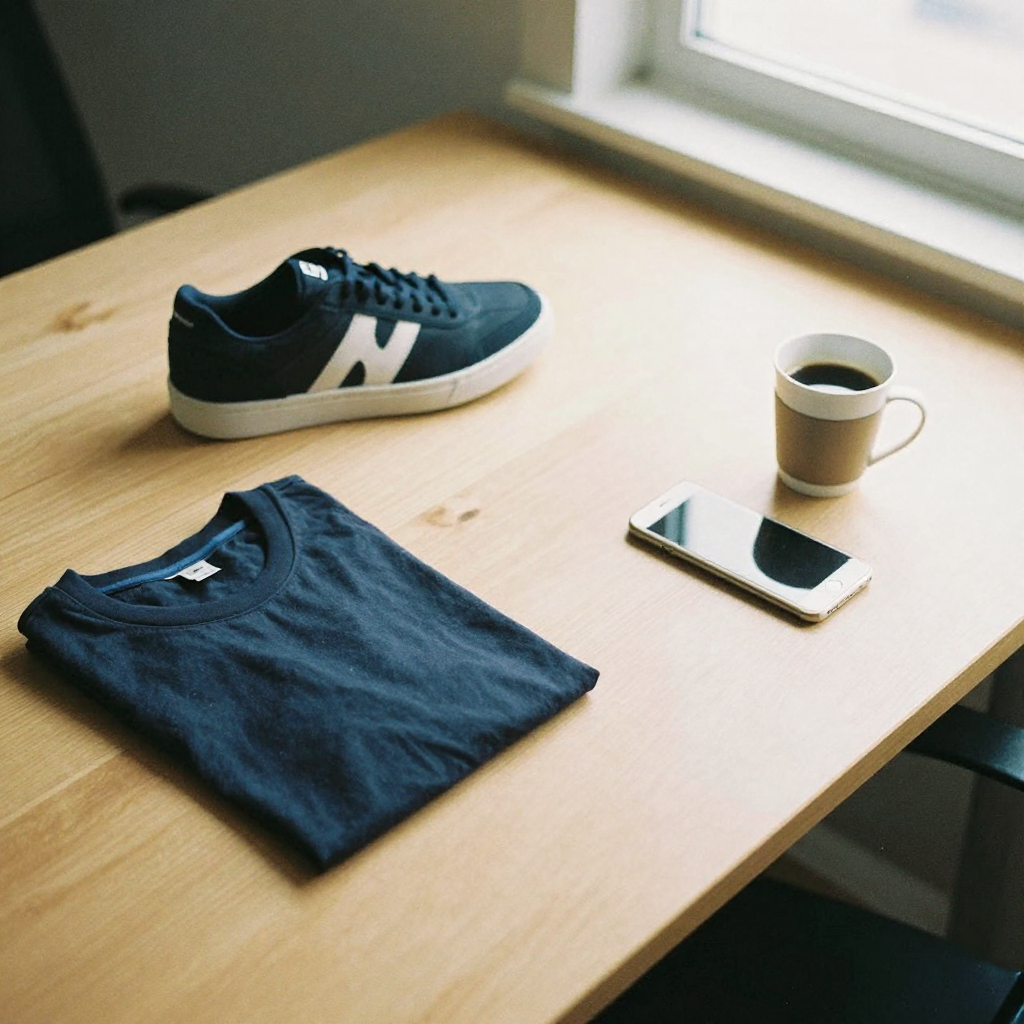 Flat-lay of a sneaker, folded tee, and coffee cup arranged on a bright wooden desk beside a phone lying face down, clean