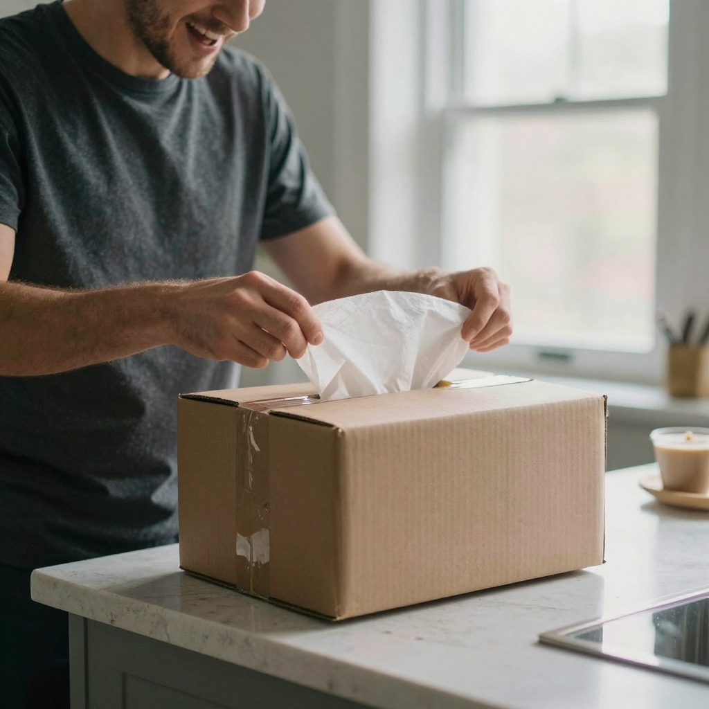 A man unboxes a sleek cardboard package on a sunlit kitchen counter, hands lifting tissue paper, candid excited reveal,