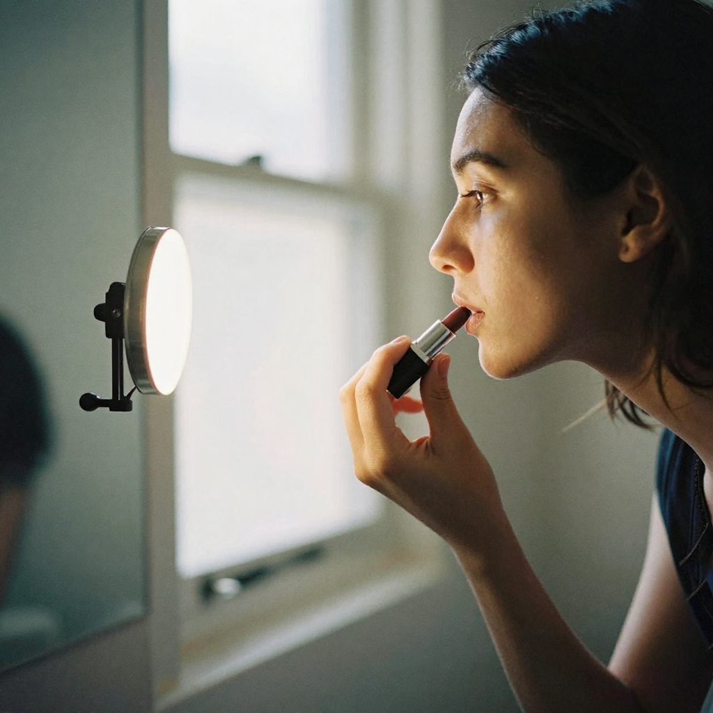 A creator applies a matte lipstick close to a bathroom mirror while a small clip-on light glows, the mirror surface angl