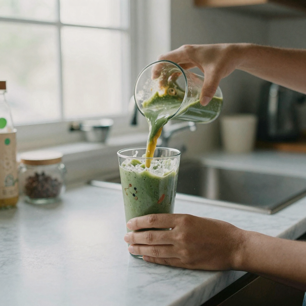 A vertical-format shot of hands pouring a colorful smoothie into a branded-blank tumbler on a marble counter, bright air