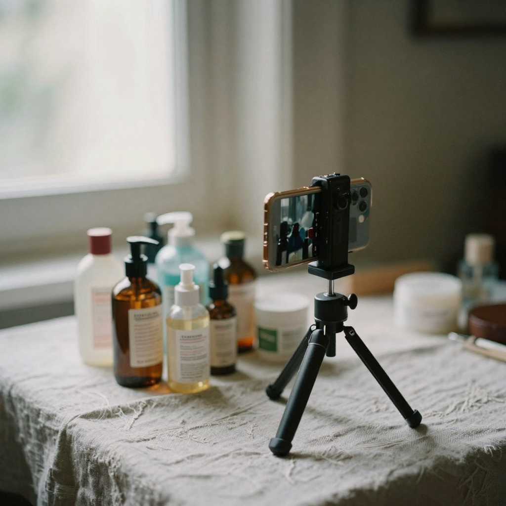 A phone mounted on a mini tripod points at a cluster of cosmetic bottles arranged on a linen backdrop, soft daylight, sc
