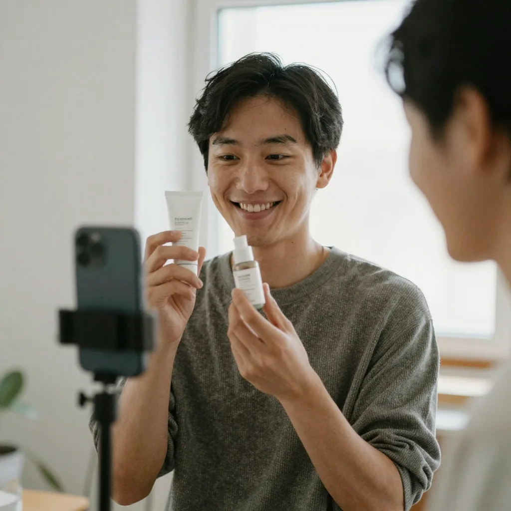 a creator smiling and holding a skincare product toward a phone camera, bright natural light, authentic style