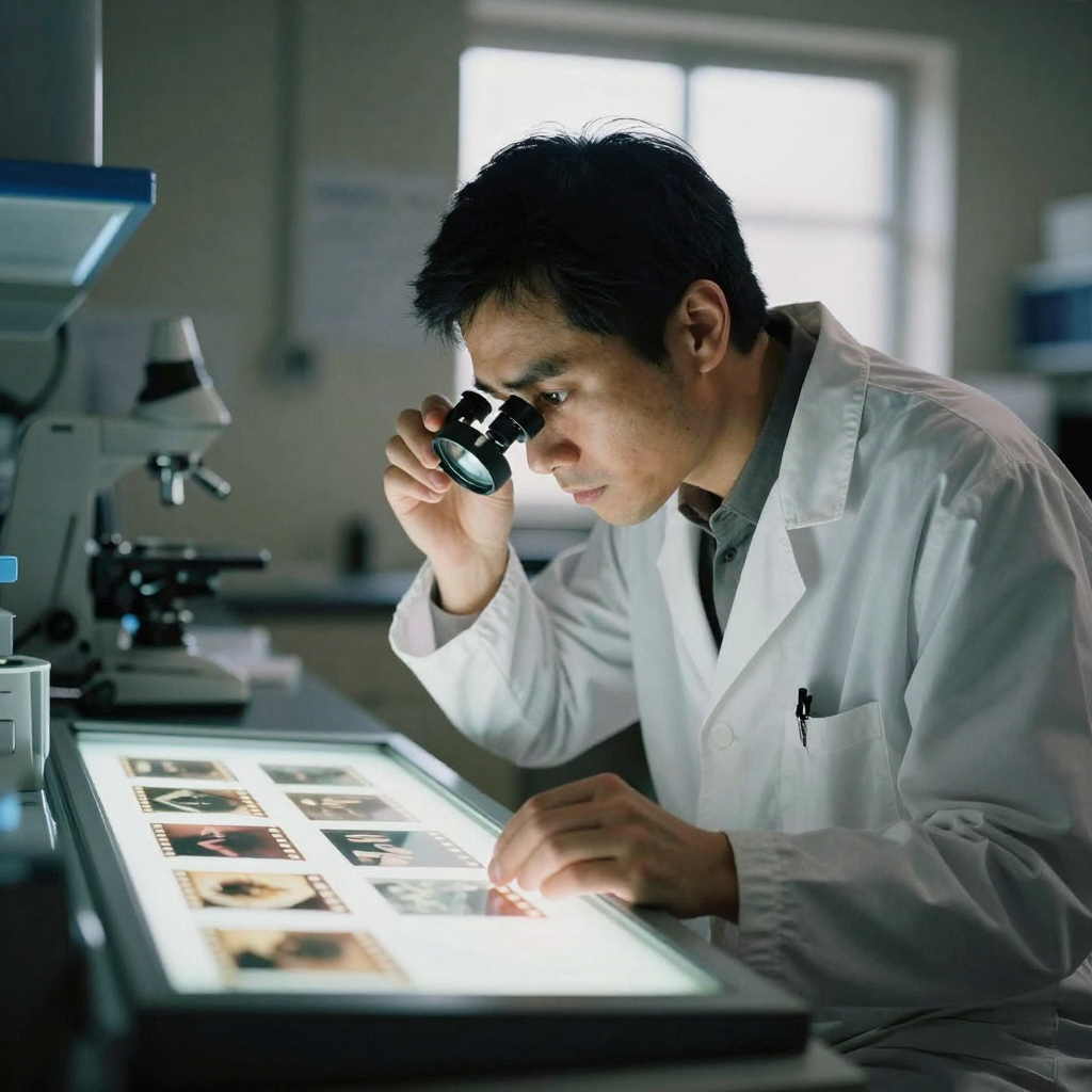 A forensic analyst in a dim lab peering through a large magnifying loupe at film frames on a light table, focused and sk