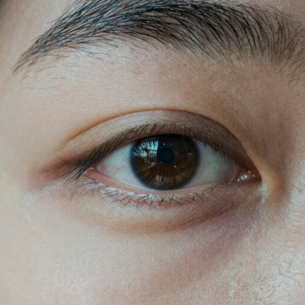 Extreme close-up of an eye mid-blink, one frame frozen, showing the natural asymmetry and moisture of a real blink, high
