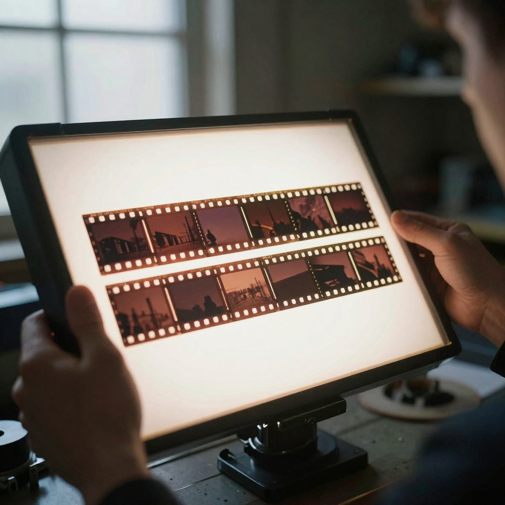 A strip of physical film negatives held up to a bright light box by two hands, individual frames visible, examining for