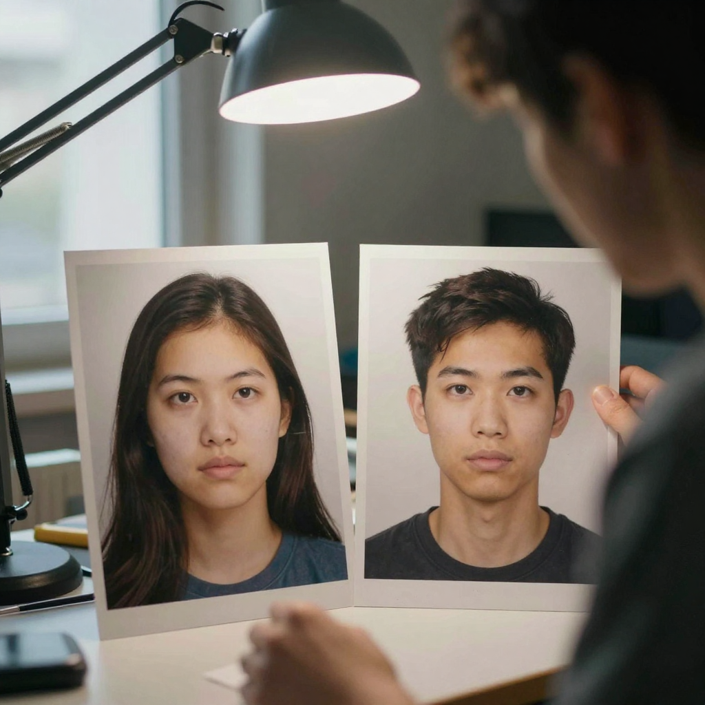 A person studying two nearly identical printed portrait photos side by side on a desk under a bright lamp, comparing sub