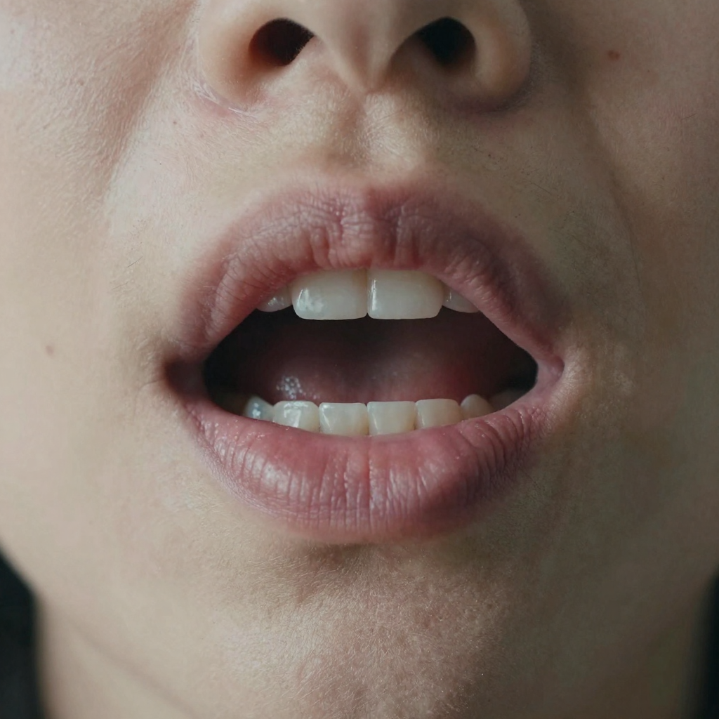 Macro of a mouth mid-speech, lips slightly parted, sharp detail on teeth and lip texture, lip-sync scrutiny concept, neu