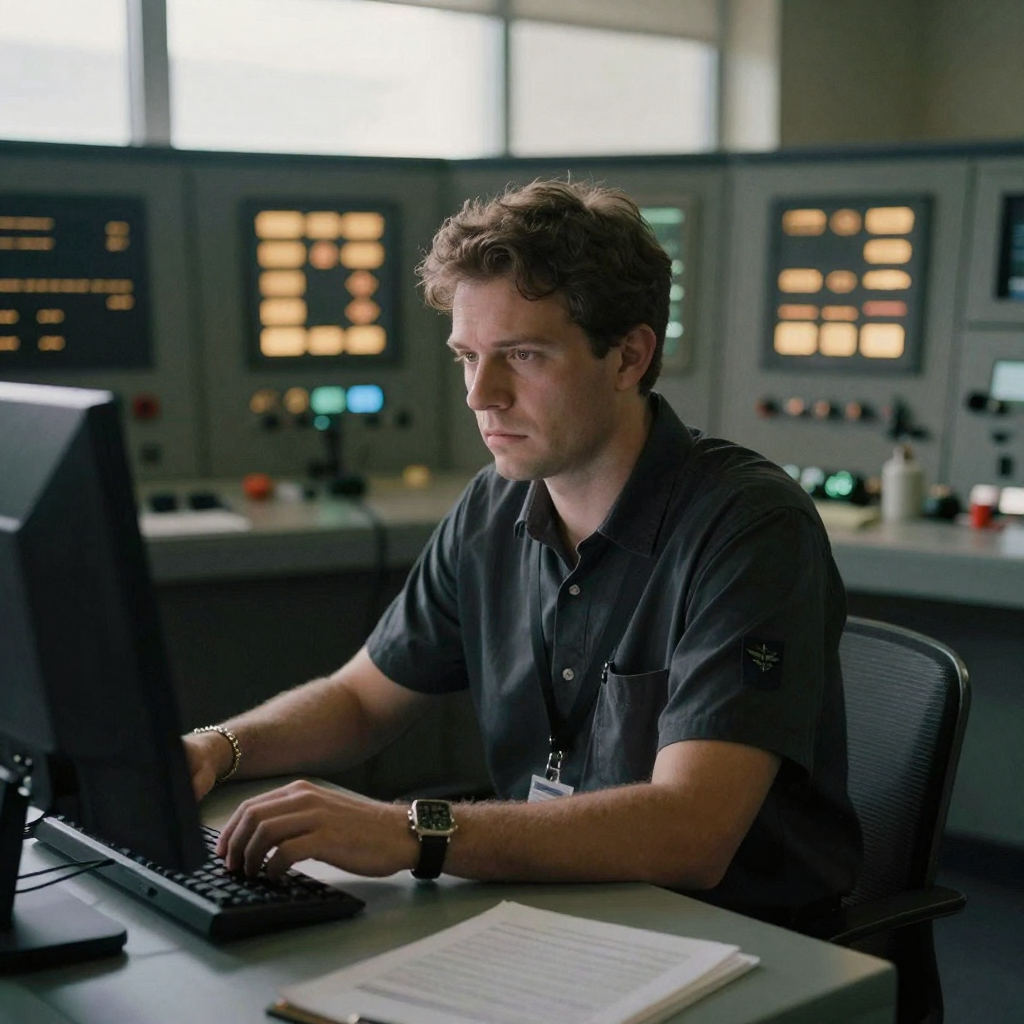 A serious investigator in a control-room-style dark space surrounded by soft glowing indicator panels (no readable conte
