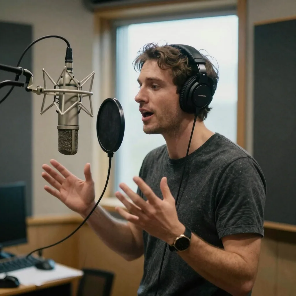 A dubbing artist in a soundproof booth speaking into a suspended microphone while gesturing to match on-screen emotion, 